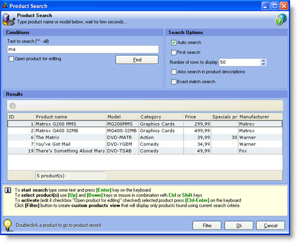 Store Manager for osCommerce Product Search Option